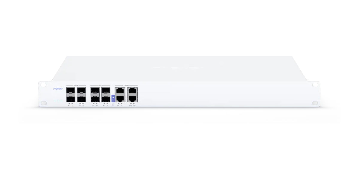 Meter F1 firewall with SFP and Ethernet ports.